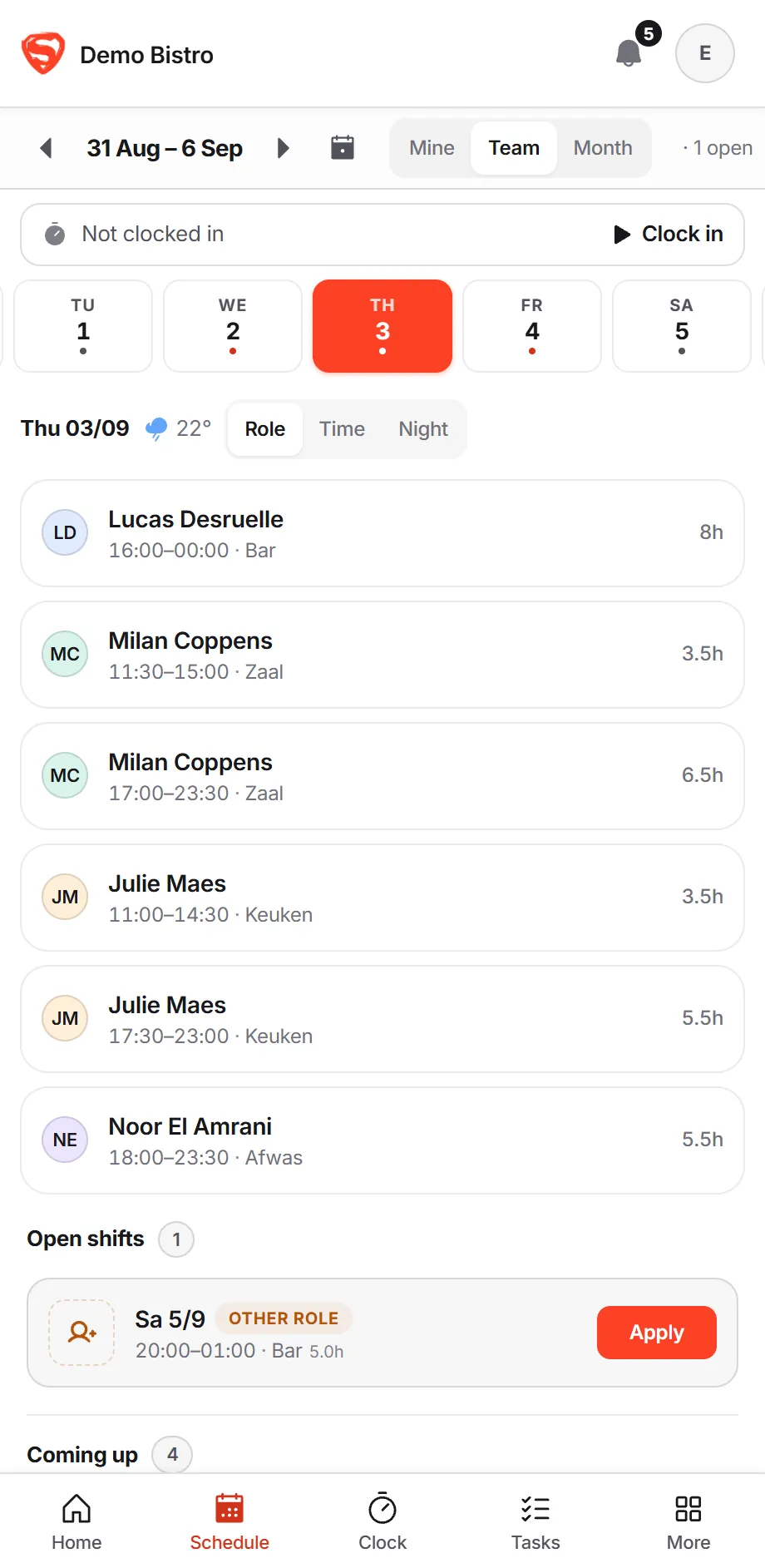 The week schedule on a team member’s phone: their own shift today, that day’s colleagues, and the bar showing they are clocked in.